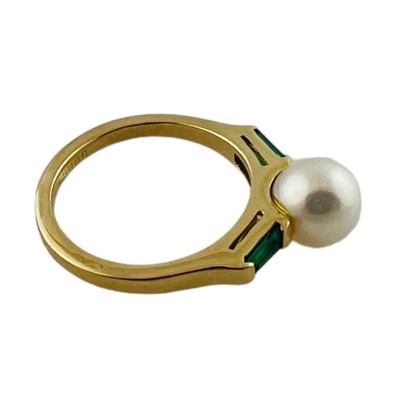 14K Yellow Gold Cultured Pearl Lab Created Emerald Ring Size 5 #15676 - Picture 8 of 9